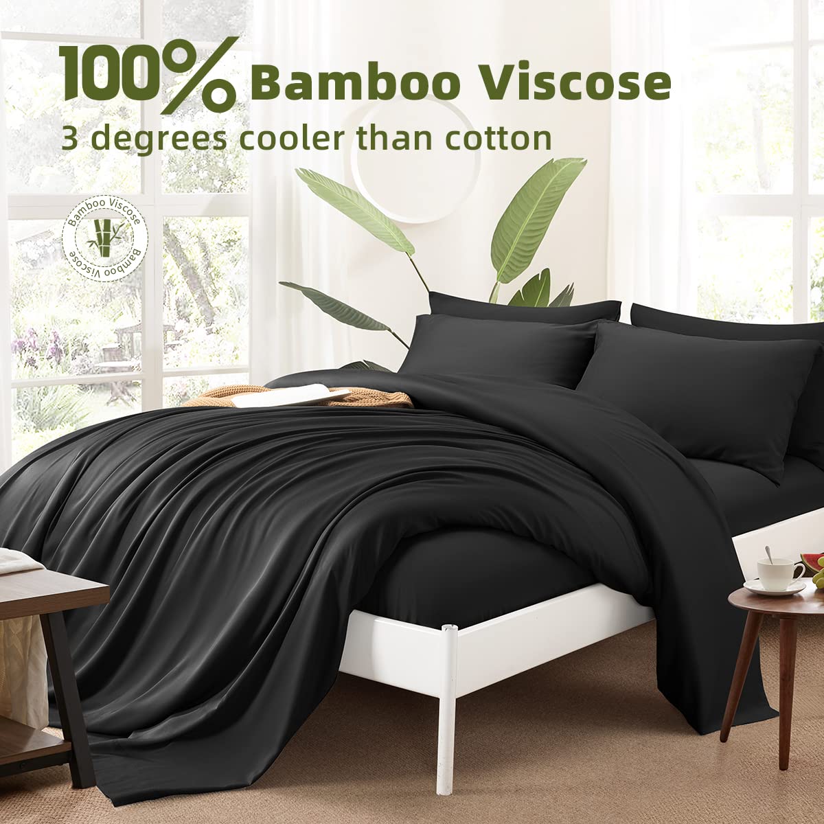 Shilucheng Cool 6Pc 100% Bamboo_ King Size Bed Sheets Set 1800 Thread Count 16 Inch Deep Pockets Eco Friendly Soft Comforterble Wrinkle Fade And Hypoallergenic (King,Black)